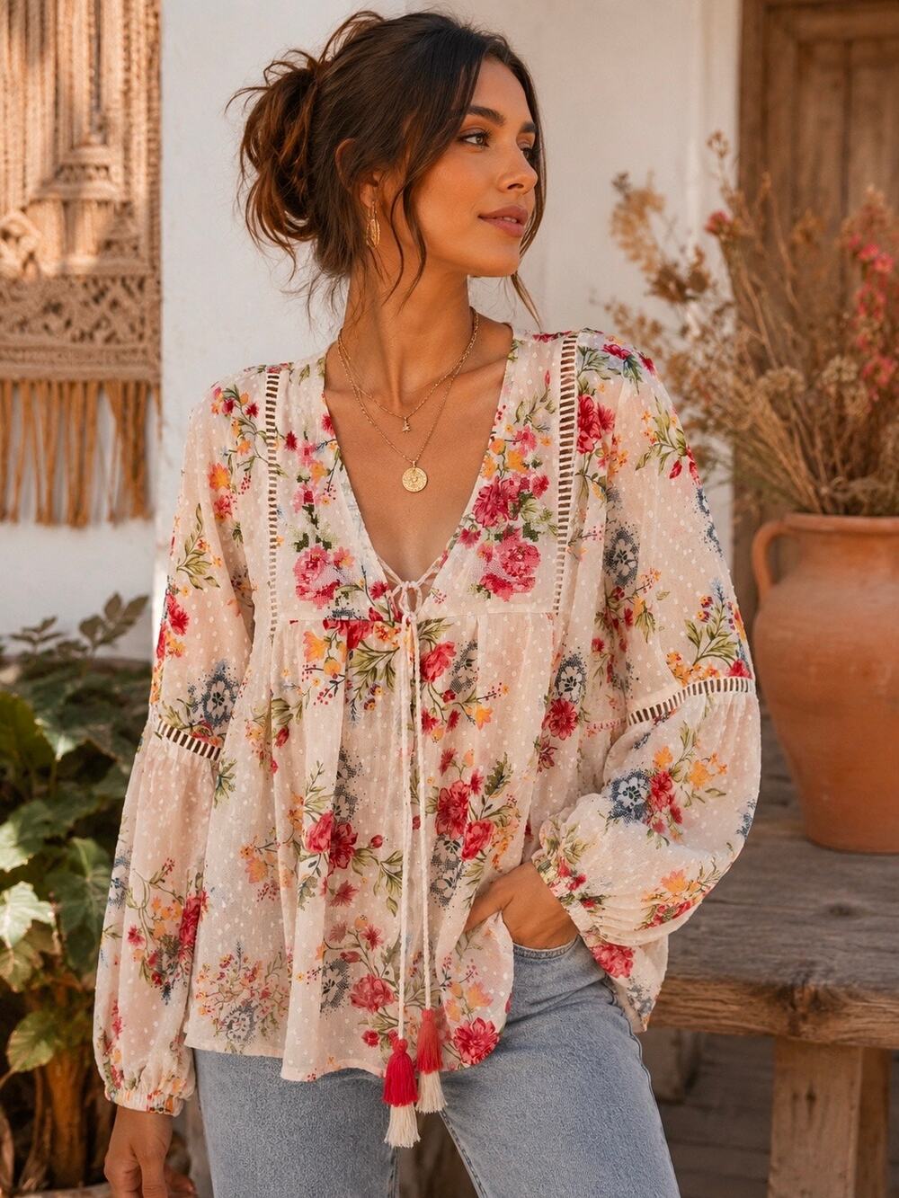 Floral Swiss Dot Boho Peasant Blouse Tassel Tie XL 16-18 Festival Concert